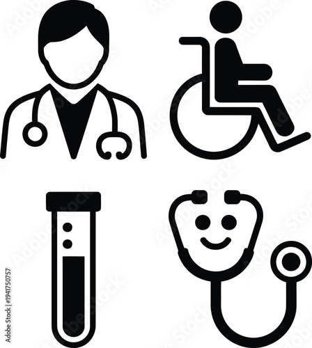 Icons representing healthcare, accessibility, medical testing, and patient care services