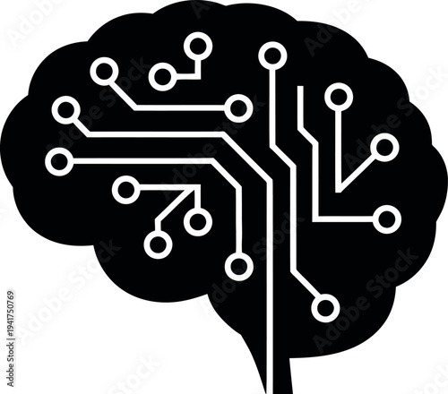 Black silhouette of a brain with integrated circuit lines Keywords: brain, silhouette, circuit