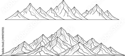Set of minimalist mountain range line art illustrations with peak silhouettes and ridge details isolated on white background for outdoor