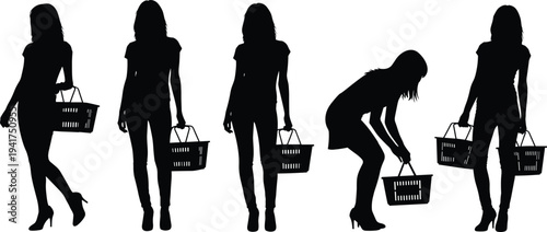 Black silhouettes set of fashionable young women in various poses carrying shopping baskets and bending down isolated on white background for retail and consumerism concepts