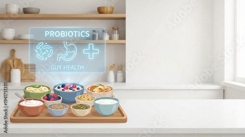 Assorted bowls of healthy yogurt with probiotics in modern kitchen  