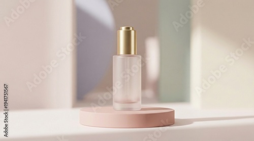Clear glass perfume bottle with golden cap on pink display stand  