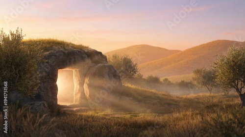 Ancient stone entrance surrounded by hills at sunrise in nature  