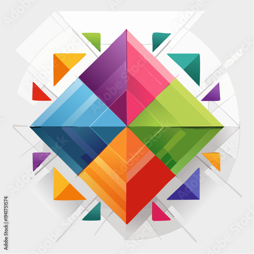 Vibrant geometric abstract art with dynamic colorful diamond shapes and modern design elements, creating a captivating visual pattern