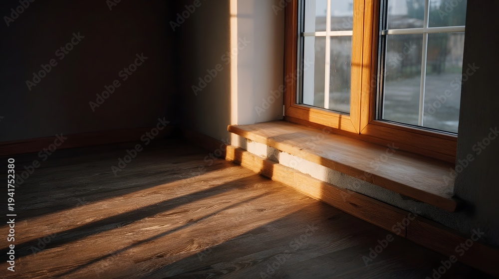 Naklejka premium Sunlight streaming through a wooden window casts long shadows across the wooden floor of a minimalist room