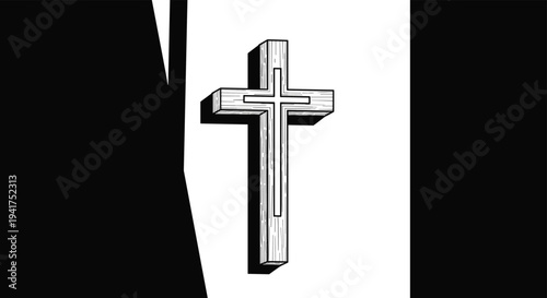 Black and white illustration of a simple wooden christian cross with shadows representing religious, spiritual, and faith based symbolism.