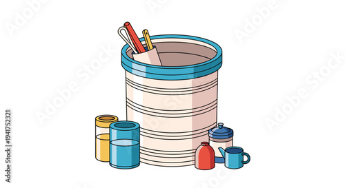 Stylized container filled with various tools, jars, and bottles representing crafts, painting, or cleaning supplies in a flat vector style.