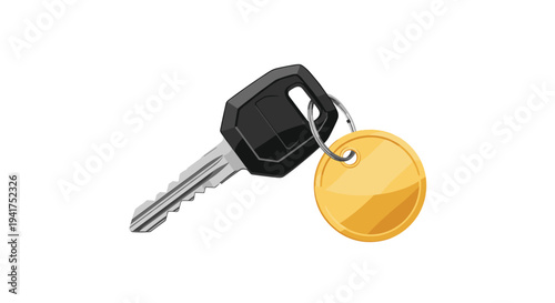 Realistic silver key attached to a blank round golden metal tag on a ring representing access and ownership for various security needs.