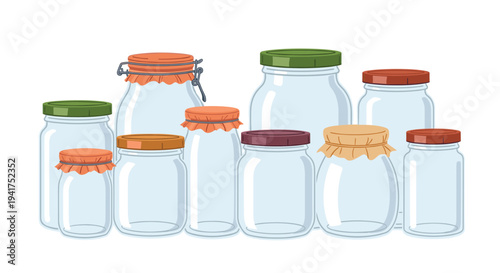 Set of various empty glass storage jars with different sizes and lid types like screw caps and fabric covers for food preservation.