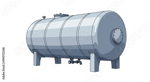 Large horizontal metal industrial storage tank with pipes and support legs in a clean vector style for energy and oil industry concepts.