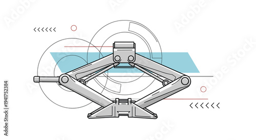 Automotive scissor jack tool shown with technical background lines for car maintenance and roadside assistance conceptual illustrations.