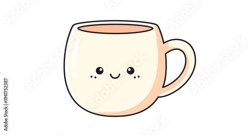 Adorable cream colored coffee mug with a smiling kawaii face and pink cheeks for cozy morning and drink related conceptual designs.