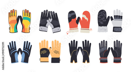 Diverse set of winter gloves and mittens with different patterns and colors for cold weather fashion and protection conceptual designs.