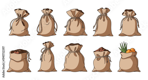 Set of brown burlap sacks or bags shown in different stages of being full or empty for agricultural and food storage concepts.