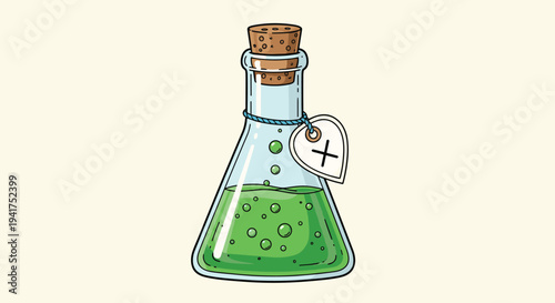 Conical laboratory flask filled with a glowing green bubbling liquid and a warning tag for science and chemistry experiment concepts.