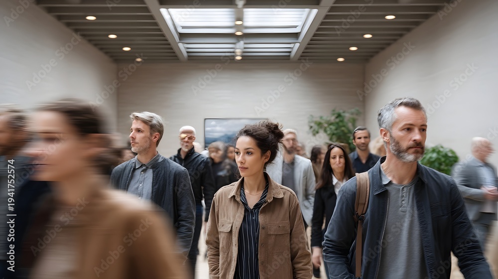 Obraz premium A diverse group of people walk through a modern interior some in focus while others are blurred by motion