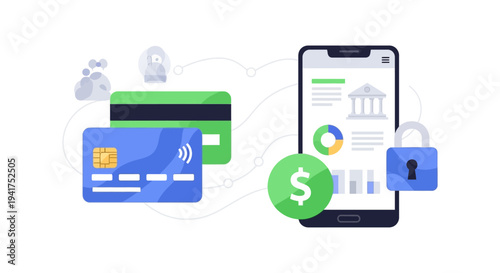 Digital Banking Security, Online Payment Protection, and Mobile Finance Management App Interface Illustration.