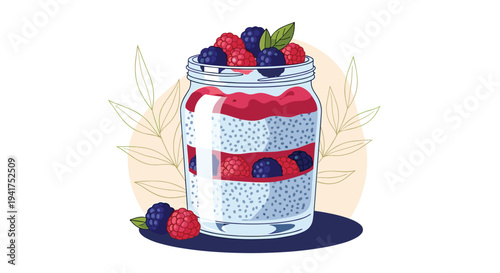 Healthy berry chia pudding in a glass jar topped with fresh raspberries, blueberries, and green mint leaves.