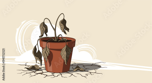 Sad withered houseplant with brown drooping leaves in a terracotta pot on dry cracked ground under a harsh sun.