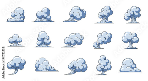 Set of fifteen different white smoke cloud puffs and exhaust plumes with subtle blue shading on a white background.