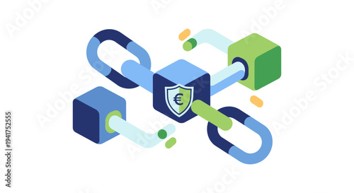 Isometric Blockchain Illustration with Euro Symbol Shield. Secure Digital Finance Network, Cryptocurrency, and Distributed Ledger Technology (DLT) Concept.