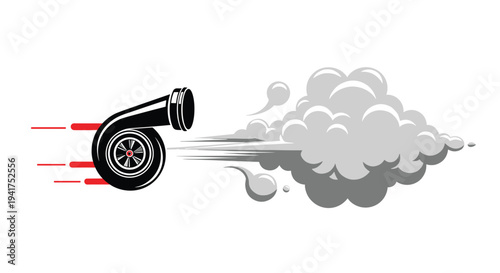 Stylized black car turbocharger icon showing red speed motion lines and a large gray exhaust smoke cloud.
