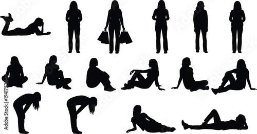Black silhouettes set of many young women in various poses including sitting lying down standing and carrying shopping bags isolated on white background for lifestyle