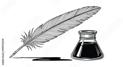 Vintage style drawing of a long feather quill pen and a glass inkwell with a spilled black ink blot on white background.