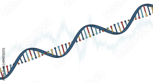 Abstract illustration of a double helix DNA strand with colorful rungs against a subtle wavy frequency background.