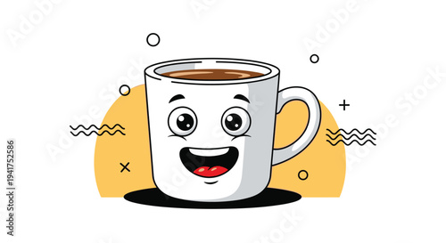 Cheerful cartoon character illustration of a white coffee mug with a happy face and eyes on a bright yellow background.
