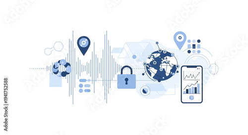 Cybersecurity and Global Data Protection Abstract Concept. Secure Digital Network, Mobile Analytics, Privacy, and IoT Technology Background.