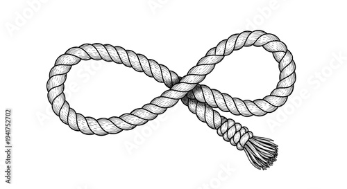 Black and white vintage style engraving of a thick hemp rope tied into a perfect infinity symbol shape on white background.