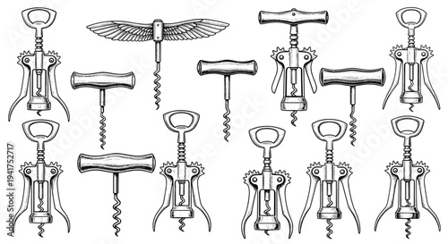 Large set of various vintage and modern metal corkscrews for wine bottles in different designs and mechanical styles.