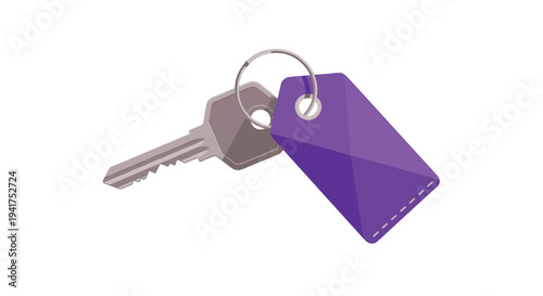 Metal door key with a purple leather tag attached to a silver ring sits on a plain white background in a detailed vector illustration.