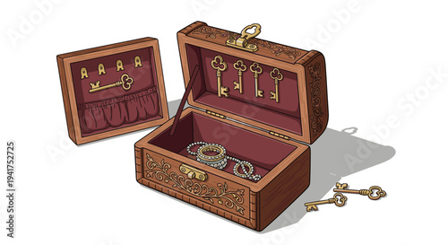 Ornate wooden jewelry box with a soft velvet lining features brass keys and a pearl necklace resting on a clean white background.