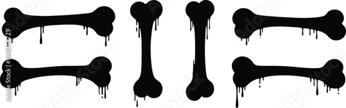 A collection of six black silhouette bones on a white background with drips