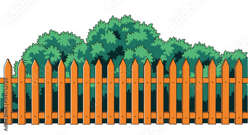 Orange wooden picket fence stands in front of a lush green hedge against a clean white background in a simple vector illustration.