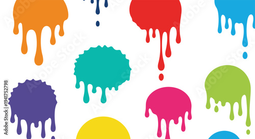 Pattern of colorful paint drips in orange red blue and purple shades flows down a bright white background in a creative art design.