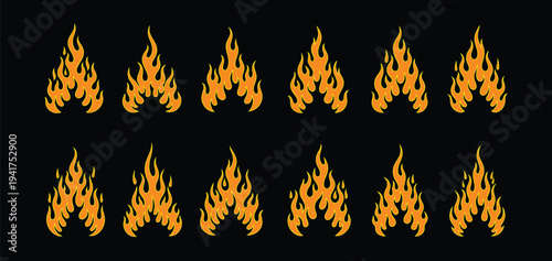A collection of vibrant orange and yellow flames on a black background