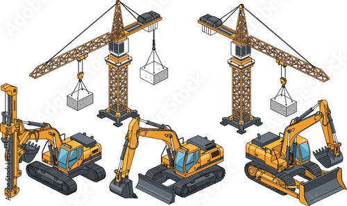 Construction machinery illustration vector engineering heavy equipment design graphics, crane excavator bulldozer concept, isometric creative art collection