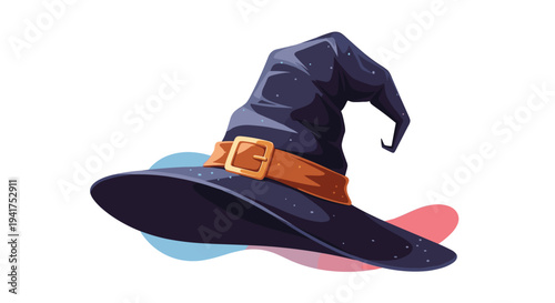 Iconic purple witch hat with a wide brim and brown leather belt buckle is shown with colorful abstract shapes in the background.