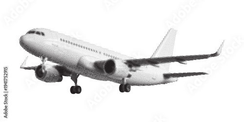 Modern Commercial Airplane halftone texture Taking Off With Landing Gear Down, White Aircraft Isolated On White Background, Travel Concept
