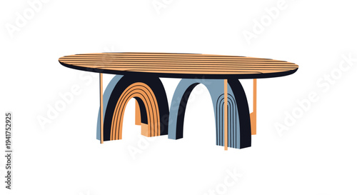 Modern oval dining table features a light wood top and unique arched legs in blue and tan shades in a stylish furniture design.