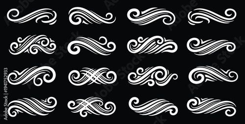 Collection of 16 unique white swirling patterns on a black background