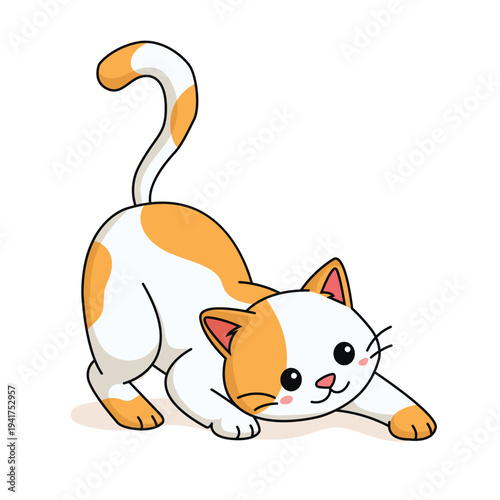 Playful Cartoon Cat Pouncing with Raised Tail, White and Orange Fur, Smiling Face, Front View Illustration