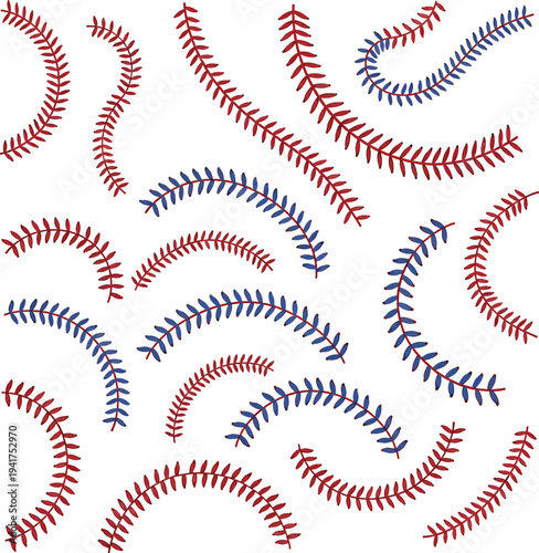 Red, Blue Baseball Stitches on White Background