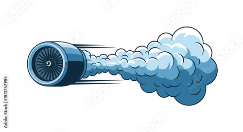 Powerful jet engine turbine propels forward with a thick trailing plume of white smoke against a clean white background in flight.