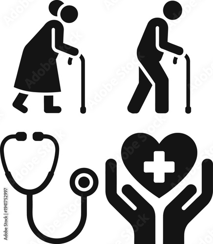 Icons representing healthcare, elderly care, and medical assistance services