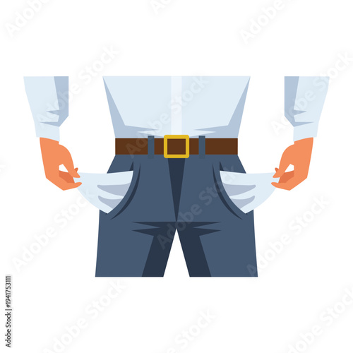 Cartoon man with empty inside‑out jean pockets, white shirt, brown belt, financial struggle, frontal view