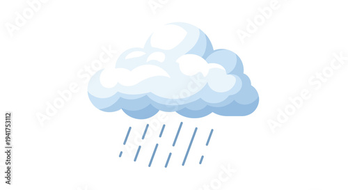 Soft white fluffy cloud with gentle rain falling is presented as a clean and simple weather icon on a plain white background.